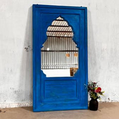 Handcrafted Indian Furniture Carved Wooden Wall Lining Mirror Frame Blue 80x50x150Cm