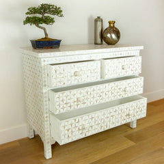 Maaya Bone Inlay Chest of 4 Drawers White Mother of Pearl