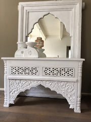 Mehrab Indian Carved Console Hall Table White Tanish 120cm With Drawers