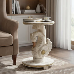 Hand Carved Solid Wood With Brass Work White Duck Side Table 45