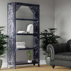 Kalah Solid Mango Wood Indian Hand Carved Bookshelf Black White Finish C8