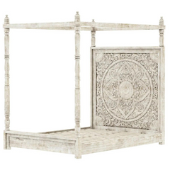 Indian Hand Carved Mango Wood Canopy Bed White Wash 105