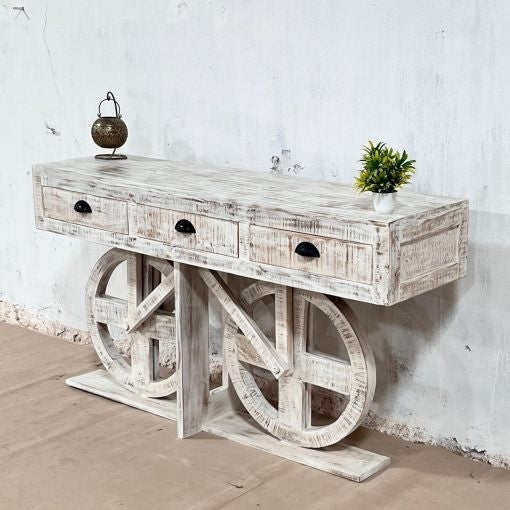 Indian Handmade Carved Solid Hard Wood Mehrab Style Console Hall Table with Drawers White 150x40x85Cm