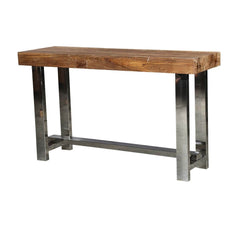 Modern Industrial Teak Wood & Polished Steel Hall Console Table