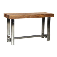 Modern Industrial Teak Wood & Polished Steel Hall Console Table