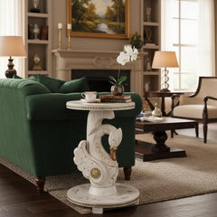 Hand Carved Solid Wood With Brass Work White Duck Side Table 45