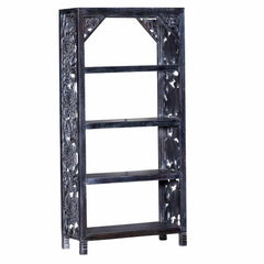 Kalah Solid Mango Wood Indian Hand Carved Bookshelf Black White Finish C8