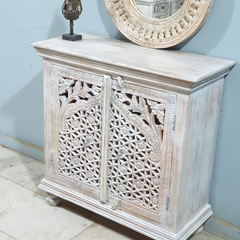 Handmade Indian Furniture Solid Hard Wood Carved 2 Doors Cabinet 90X40X90CM