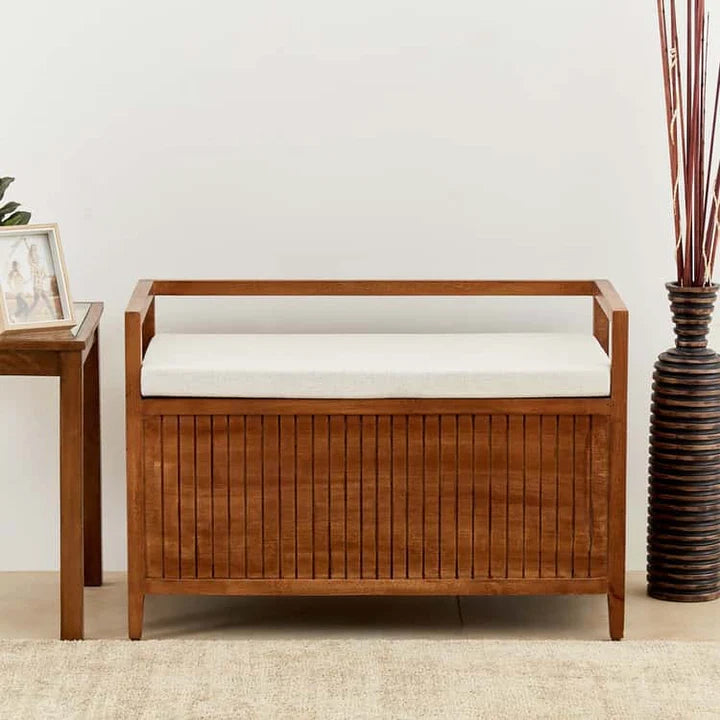 Indian Hand Carved Solid Wood Bench With Storage Blanket Box C37