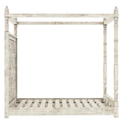 Indian Hand Carved Mango Wood Canopy Bed White Wash 105