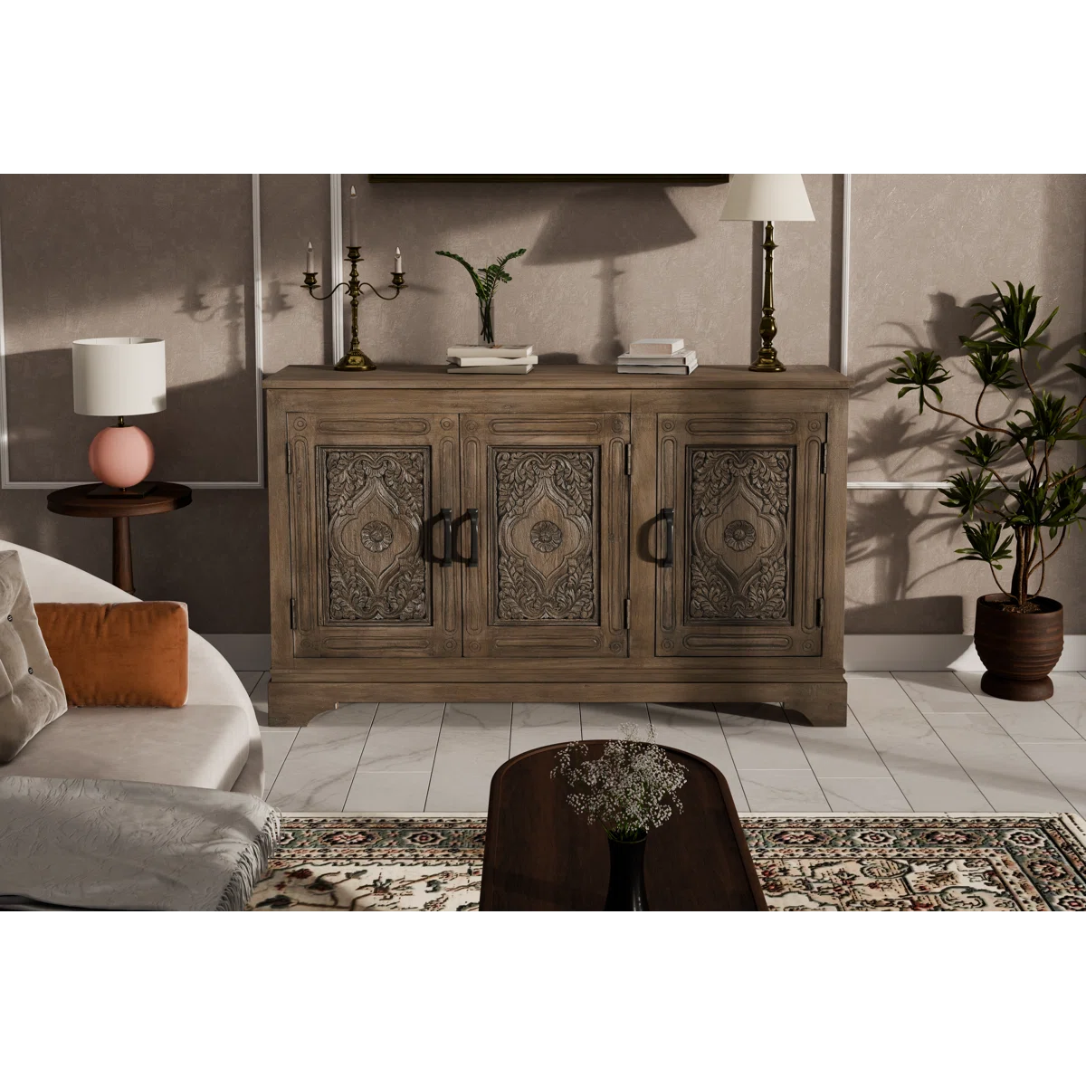 Indian Handmade Solid Wood 3 Door Carved Sideboard