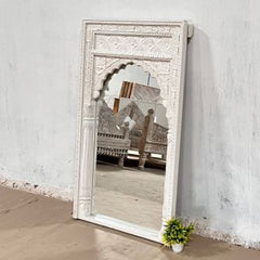 Handcrafted Indian Furniture Carved Wooden Wall Lining Mirror Frame White 70x7x120Cm