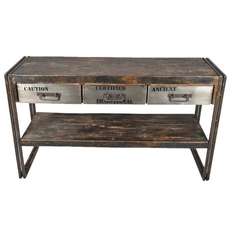 Industrial Museum 3 Drawer Reclaimed Wood & Iron Hall Console Table