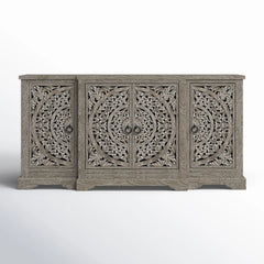 Indian Handmade Solid Wood Carved 4 Doors Sideboard