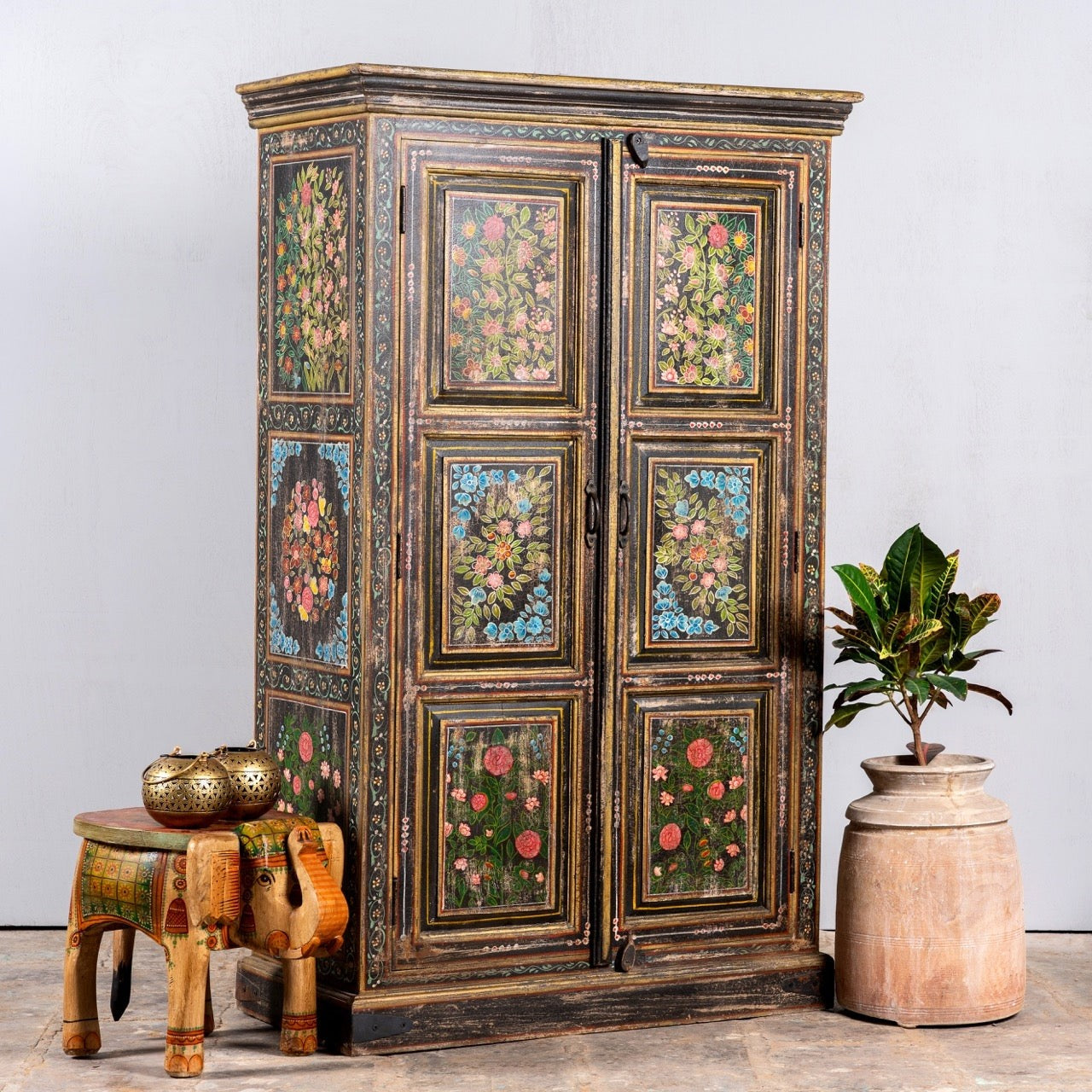 Avani Solid Mango Wood Indian Hand Carved Wardrobe Cabinet Almirah Antique style Pantry Painted V27  -  