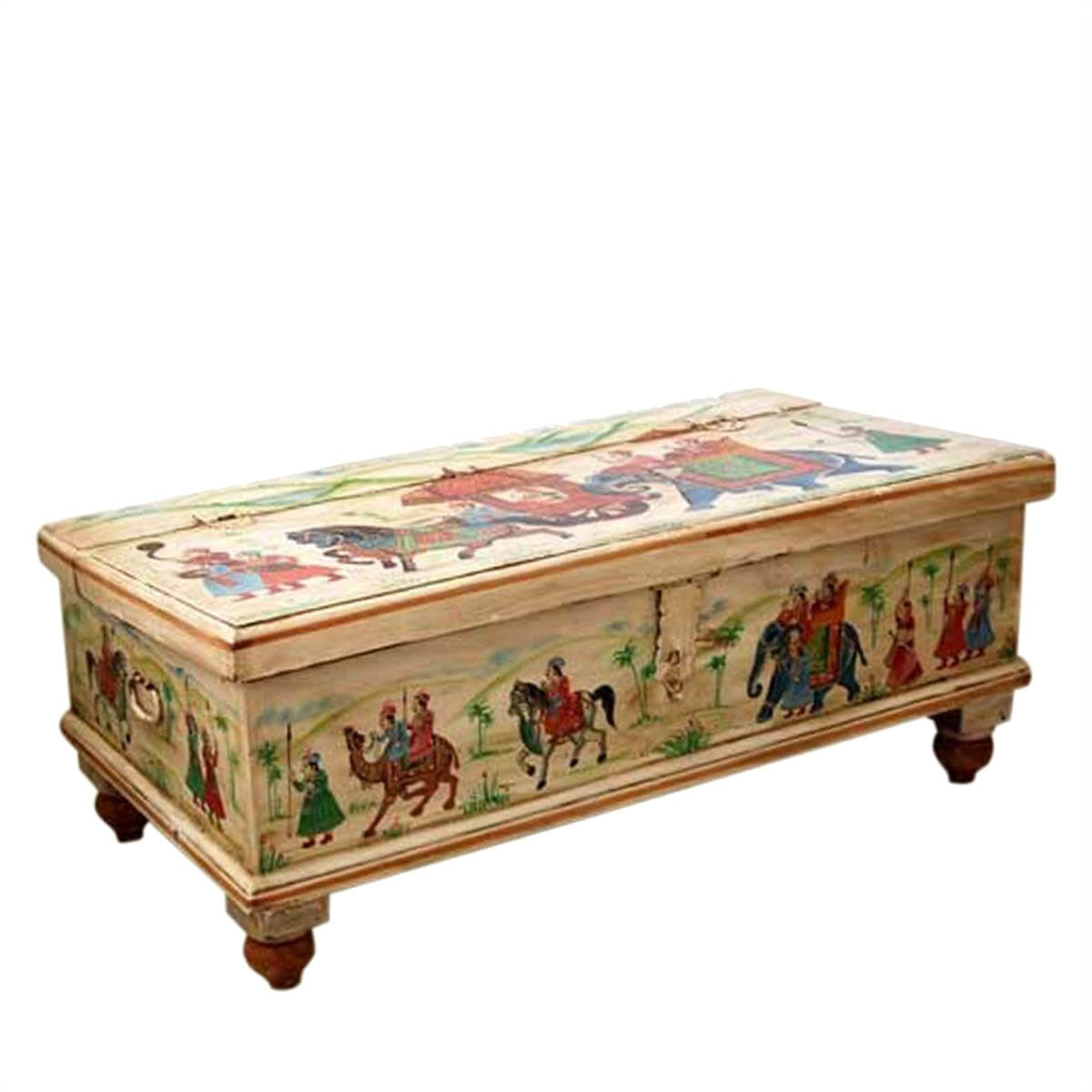 Mughal Hand Painted Indian Solid Wood Storage Trunk Box Coffee Table White