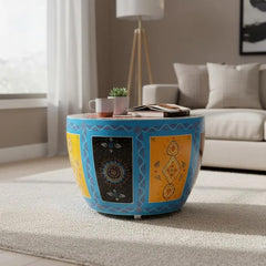 Indian Hand Painted Solid Wood Drum Coffee Table C153