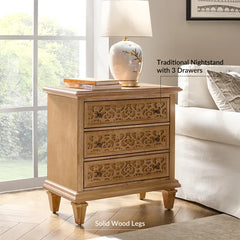 Indian Hand Carved  3- Drawer Solid Wood Bedside Table    09