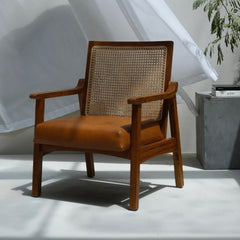 The Gileteen Wooden Martin Rattan Lounge Chair for Dining & Living Room Mango Wood