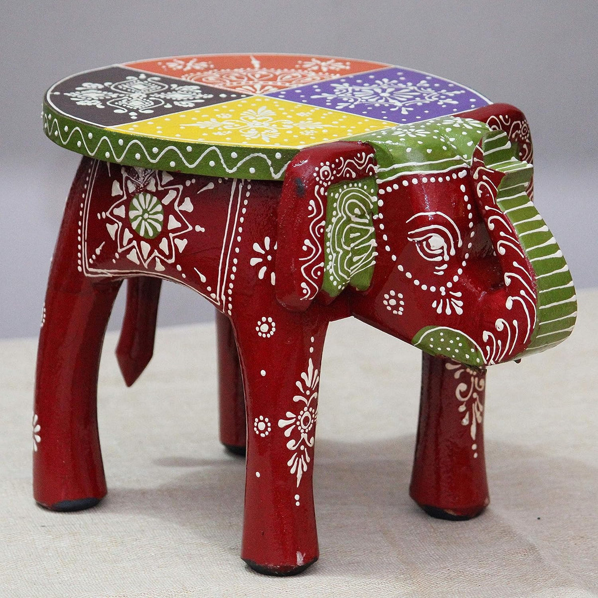 Brush & Timber Handpainted Solid Mango Wood Elephant Side Table in Multicolor