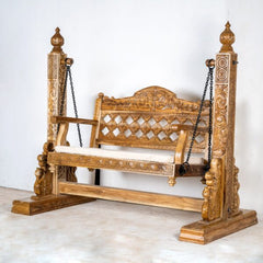 Rajasthan Handmade Carved Solid Hard Wood Swing in Light Brown