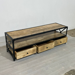 Handmade Indian Furniture Solid Hard Wood TV Unit with 3 Drawers Metal Frame150x40x50Cm