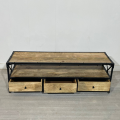 Handmade Indian Furniture Solid Hard Wood TV Unit with 3 Drawers Metal Frame150x40x50Cm