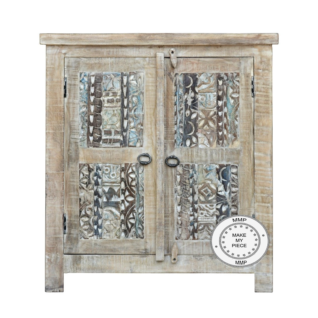 Yennora Indian Solid Wood Carved Small Cabinet Whitewash