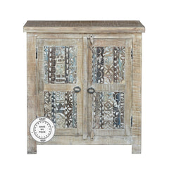 Yennora Indian Solid Wood Carved Small Cabinet Whitewash