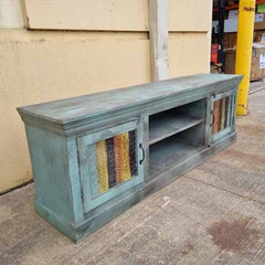 Handmade Indian Furniture Solid Hard Wood TV Unit with 2 Doors Multicolor 178x41x61Cm