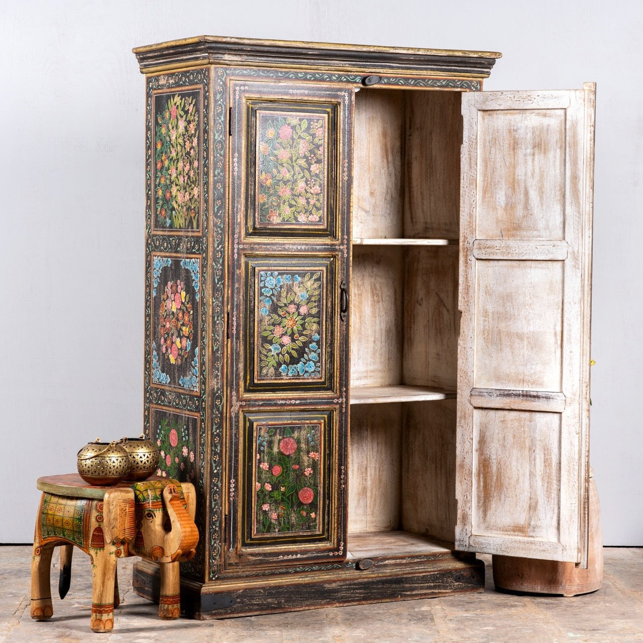 Avani Solid Mango Wood Indian Hand Carved Wardrobe Cabinet Almirah Antique style Pantry Painted V27  -  