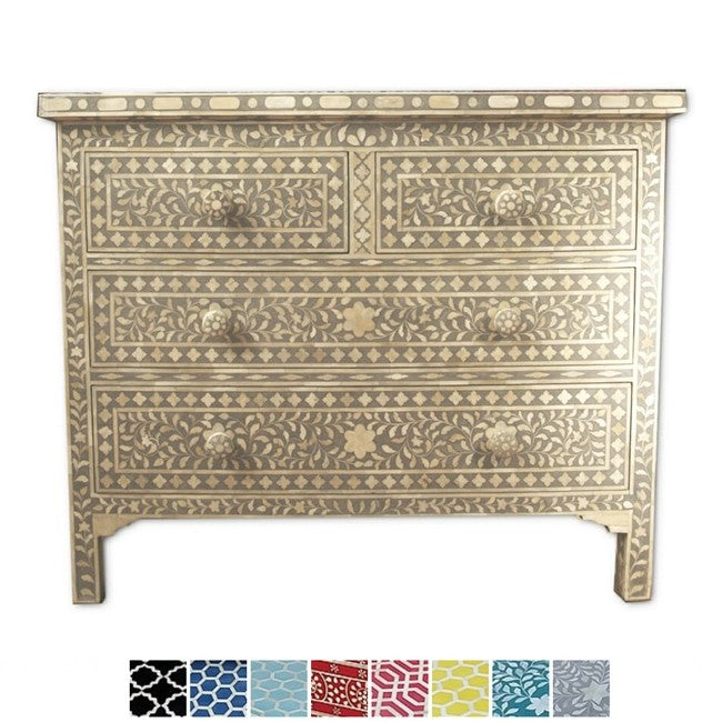 Maaya Bone Inlay Chest of 4 Drawers Dresser Grey Floral