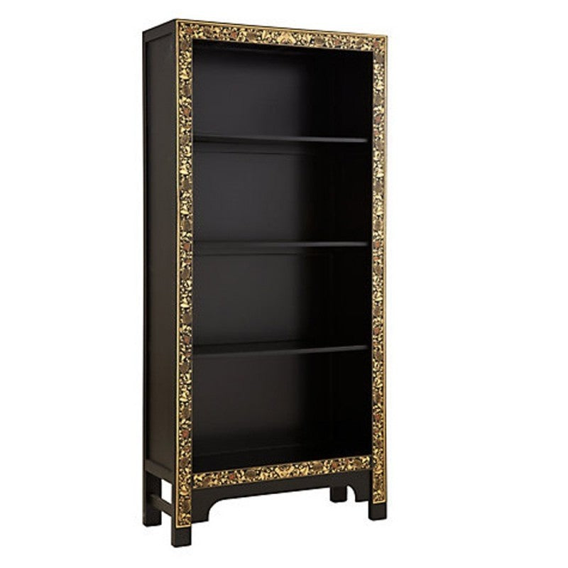 Golden Dragon Oriental Decorated Solid Wood Black Large Bookshelf 80x30x170cm