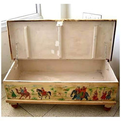 Mughal Hand Painted Indian Solid Wood Storage Trunk Box Coffee Table White