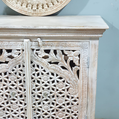 Handmade Indian Furniture Solid Hard Wood Carved 2 Doors Cabinet 90X40X90CM