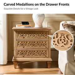Indian Hand Carved  3- Drawer Solid Wood Bedside Table    09