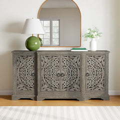 Indian Handmade Solid Wood Carved 4 Doors Sideboard