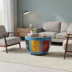 Indian Hand Painted Solid Wood Drum Coffee Table C153