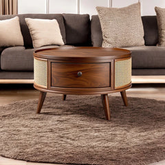 Rattan Elegance Series Solid Wood Round Shape With Rattan Cane Work Coffee Table C106