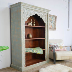 Mehrab Solid Mango Wood Indian Hand Carved Bookshelf Antique style Painted  -  