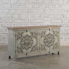 Indian Handmade Carved Mandala Solid Wood Sideboard Grey