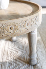Indian Hand Carved Solid Mango Wood Round Coffee Table Natural C118