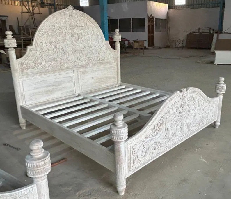 Hand Carved Solid Wood Bed Frame White 192