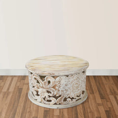 Pine Grove Handcrafted Mango Wood Carved Round Coffee Table Rustic White