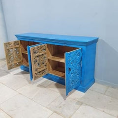 Indian Handmade Carved Solid Hard Wood Floral Design Sideboard Blue 180x45x85Cm