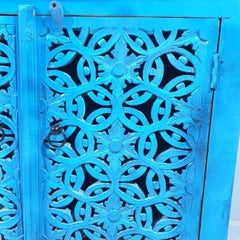 Indian Handmade Carved Solid Hard Wood Floral Design Sideboard Blue 180x45x85Cm