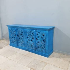 Indian Handmade Carved Solid Hard Wood Floral Design Sideboard Blue 180x45x85Cm