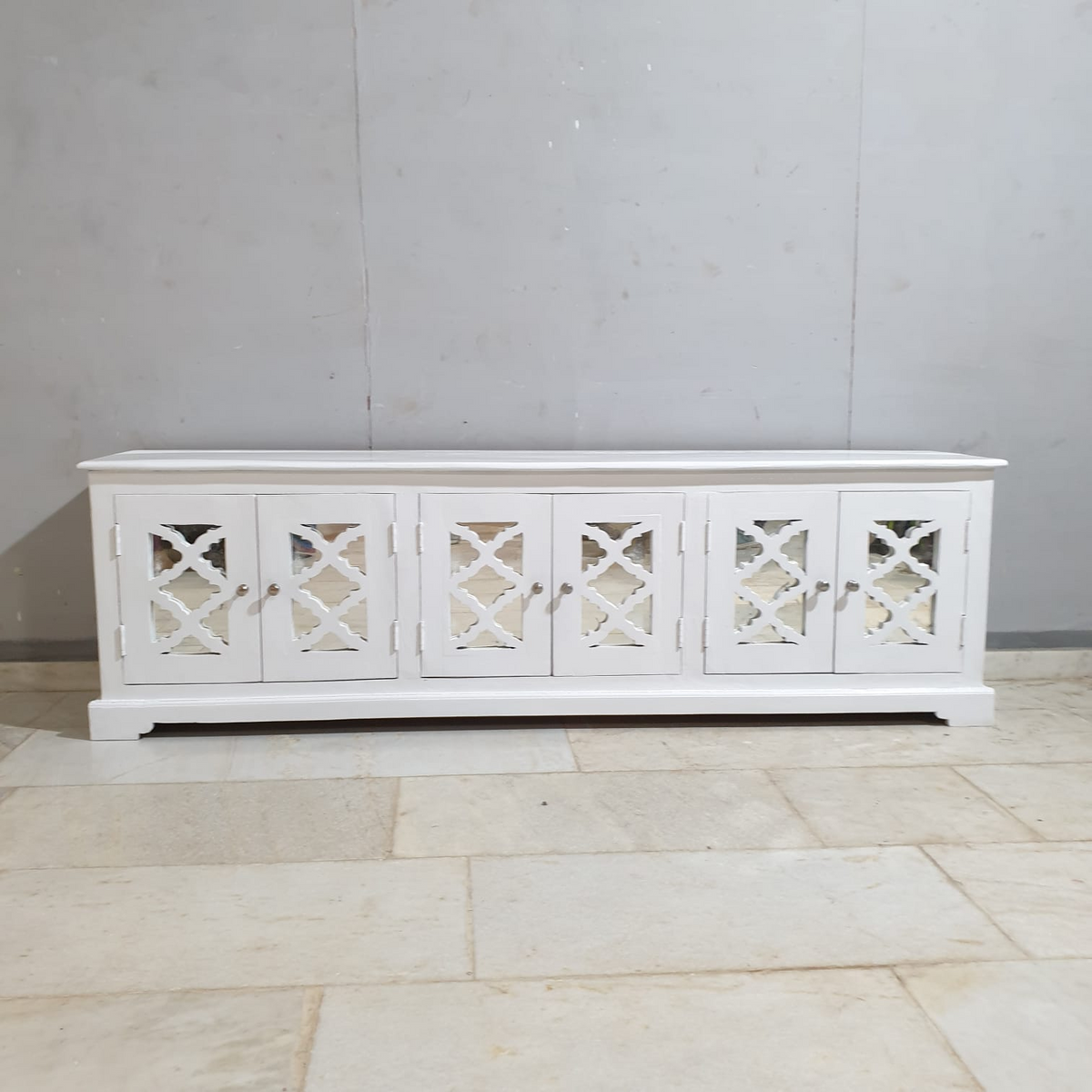 Handmade Indian Furniture Solid Hard Wood TV Unit with 6 Mirror Doors All White 200x40x60Cm