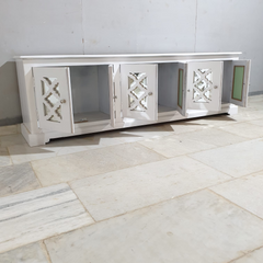 Handmade Indian Furniture Solid Hard Wood TV Unit with 6 Mirror Doors All White 200x40x60Cm