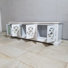 Handmade Indian Furniture Solid Hard Wood TV Unit with 6 Mirror Doors All White 200x40x60Cm